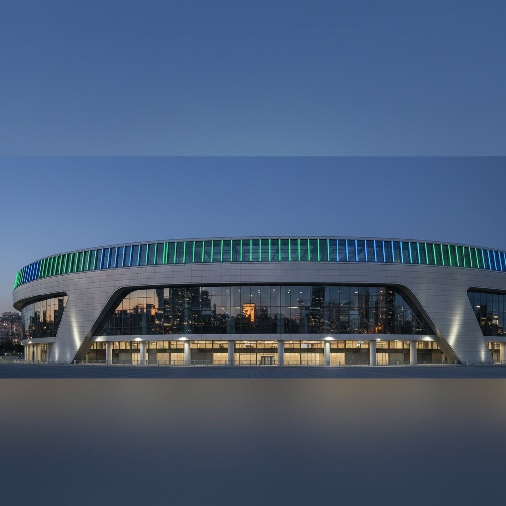 A wide, panoramic, photographic view of a modern football stadium exterior at dusk, designed to evoke iconic European arenas without copying any real venue. The sweeping facade is made of metallic panels and glass, reflecting the deep blue sky and the warm orange glow of abstract city lights. Vertical LED strips in green and blue wrap around the structure, subtly hinting at international competitions like the Champions League. Soft, ambient twilight mixes with strategic spotlights that illuminate the stadium’s architectural lines, creating a bold yet sophisticated atmosphere. Shot from a slightly low, wide-angle perspective, the image emphasizes grandeur, newsworthiness and the global scale of football, ideal for major tournament and transfer headline pages.