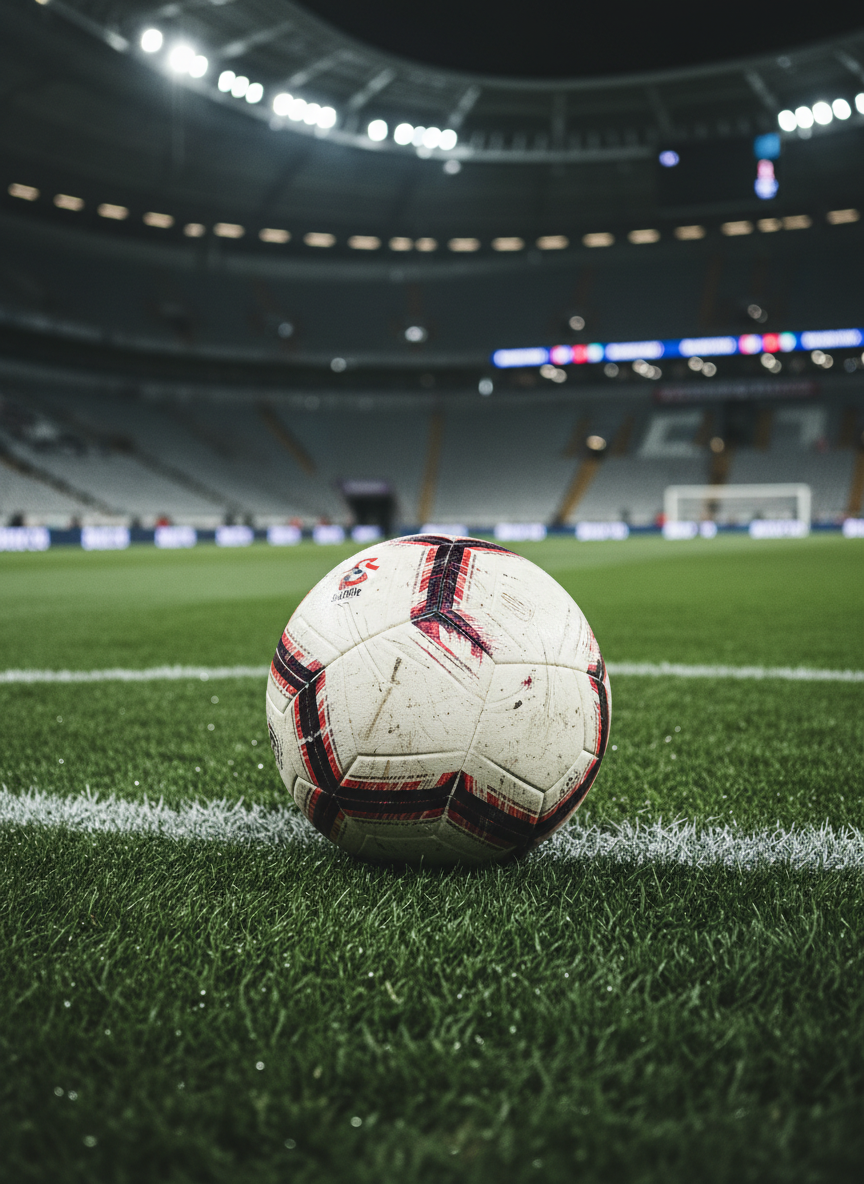 A close-up, photographic view of a well-worn football resting on the center spot of a perfectly trimmed pitch, dew glistening on the grass under powerful stadium lights. The ball’s textured panels show subtle scuff marks and faded league-style graphics, suggesting countless Süper Lig and European clashes. Shot from an extremely low angle at ground level, the white center circle arcs out of focus behind it. Cool, intense floodlights from above create strong highlights on the ball’s surface and long, dramatic shadows in the grass, evoking a bold, anticipatory mood just before kickoff. The background stadium architecture is softly blurred, giving a modern, elite-match atmosphere.