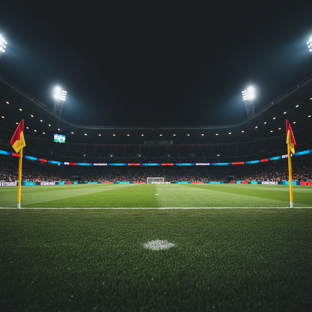 A dramatic, floodlit football stadium at night, the pristine green pitch stretching across the frame with crisp white lines and vibrant corner flags billowing in a slight breeze. Electronic advertising boards glow with abstract colors, while the towering stands rise in the background as dark, geometric silhouettes. Intense, cool-white floodlights from all four corners cast sharp, cinematic shadows on the grass, emphasizing every blade and divot. Captured in photographic realism from a low, midfield angle with a wide lens, the image conveys a bold, high-stakes atmosphere reminiscent of Süper Lig, Premier League and Champions League nights, with a shallow depth of field that keeps the pitch in razor focus and the stands softly blurred.